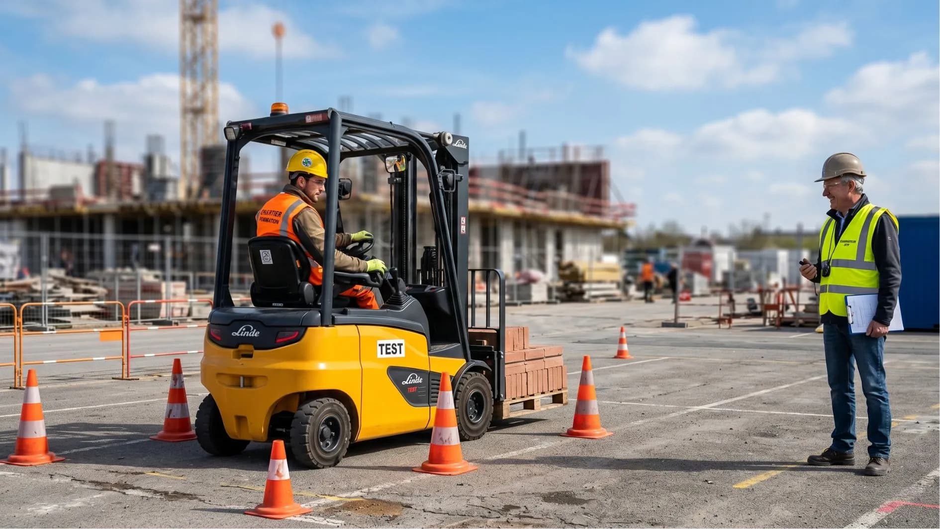 ouvrier qui passe un test de conduite d'engin pour renouveler son CACES