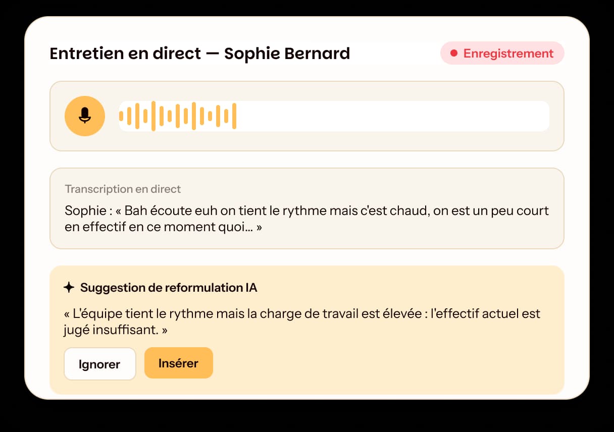 Facilitez la préparation des entretiens pour vos managers et collaborateurs avec la dictée vocale IA